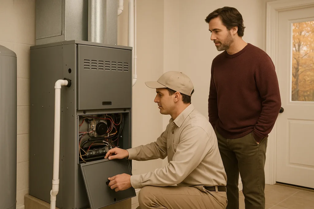 Technician inspecting furnace in Louisiana home before cold season