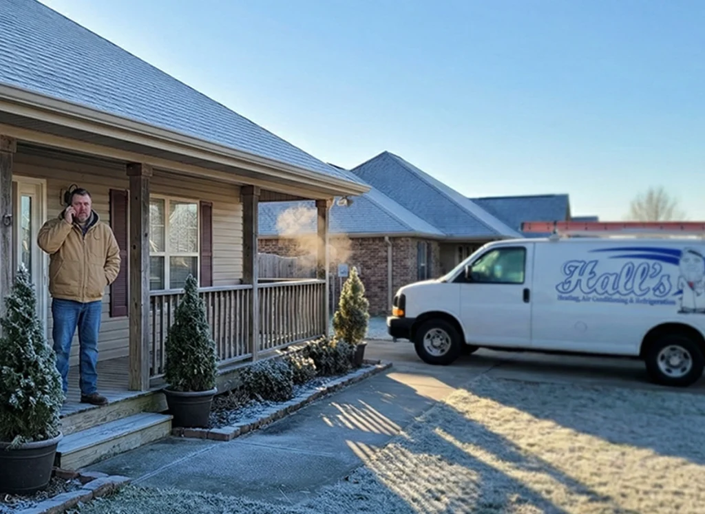 A Hall's HVAC truck making a service call.
