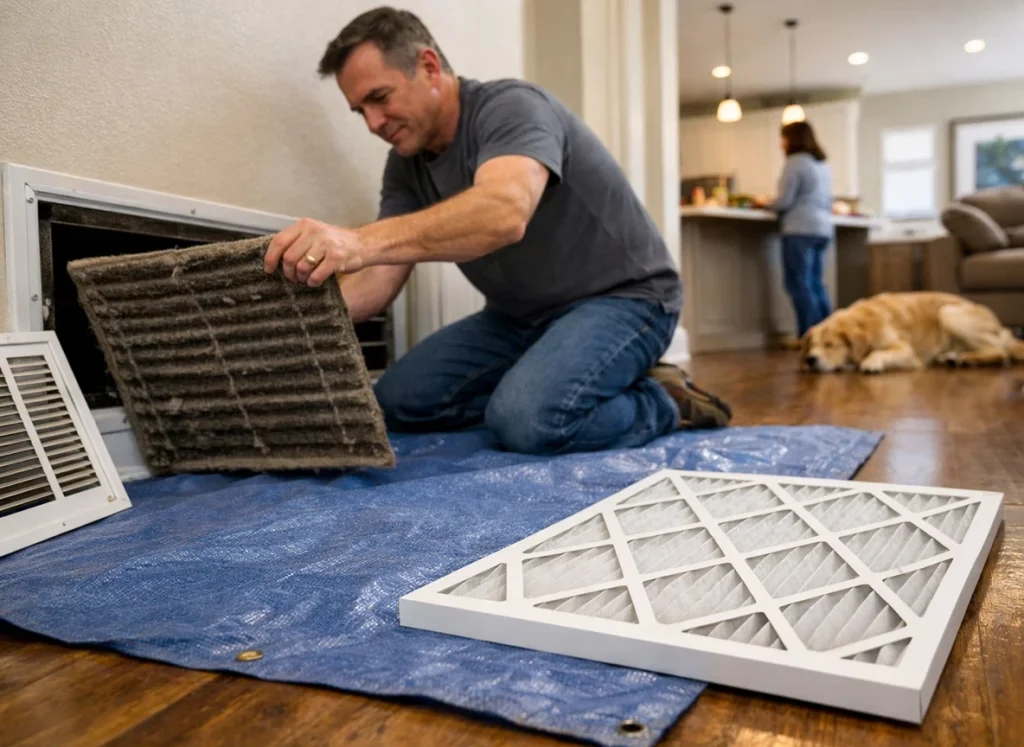 A homeowner changing his dirty air filter