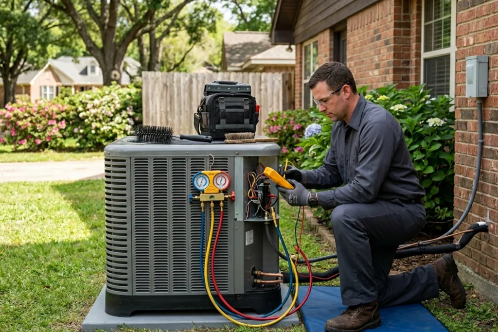 HVAC technician performing summer air conditioner maintenance