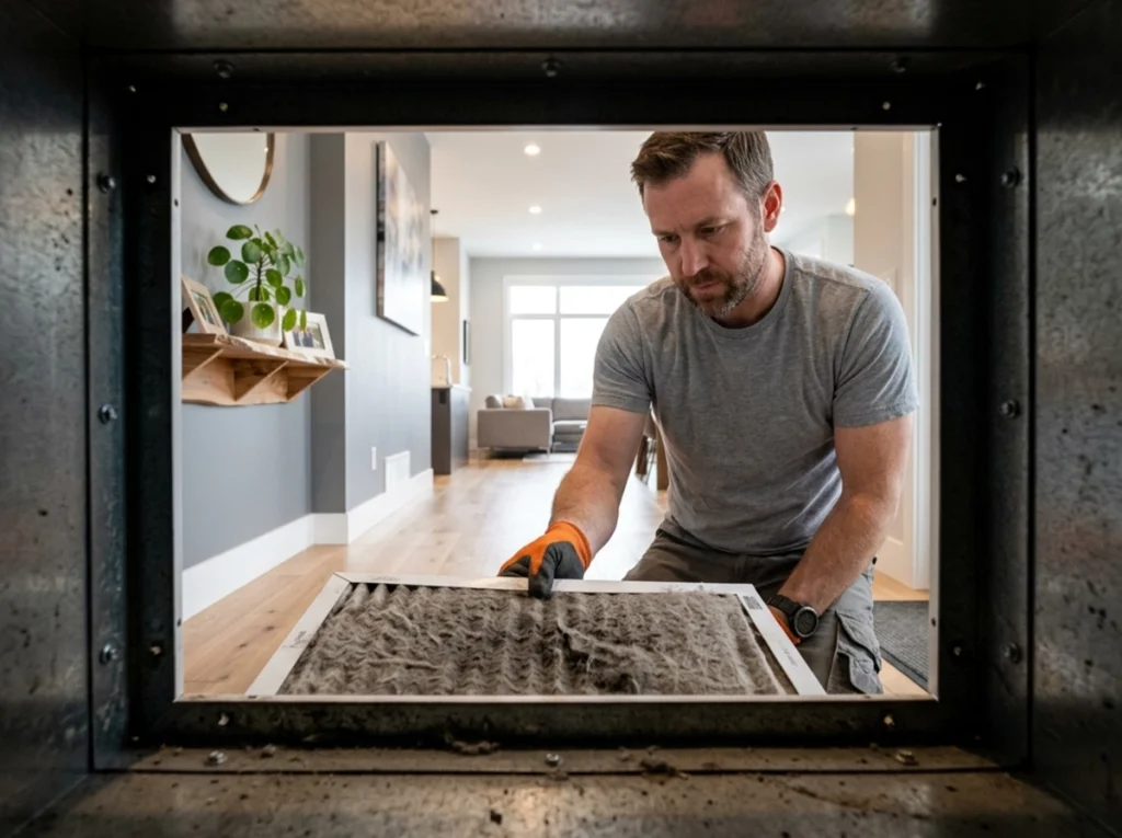 A homeowner changing a very dirty air filter.