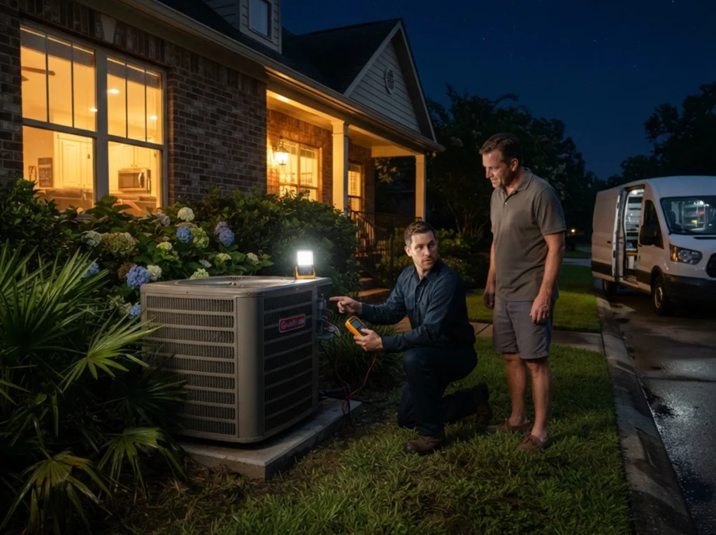 Emergency HVAC technician repairing an AC at night in Stonewall Louisiana