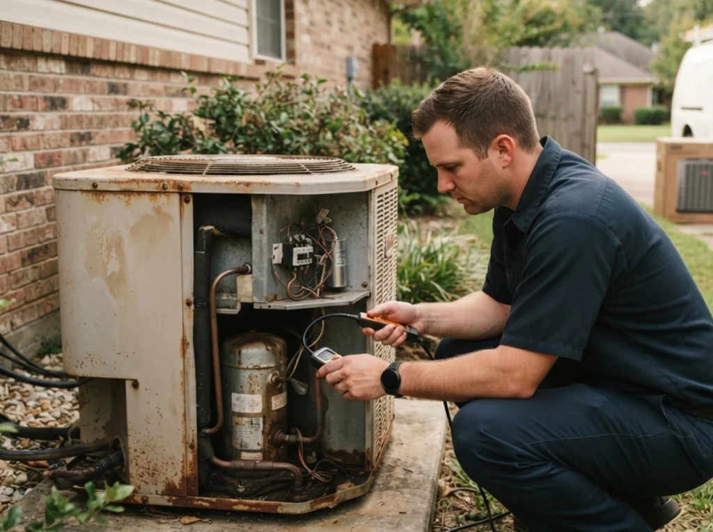 HVAC technician checking an aging air conditioner for a refrigerant leak